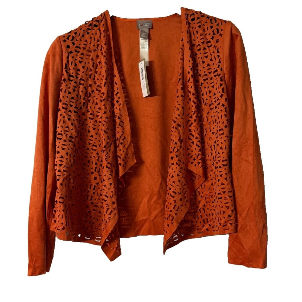 NWT Chicos Womens Long Sleeve Orange Suede Perforated Drape Front Top Medium 1